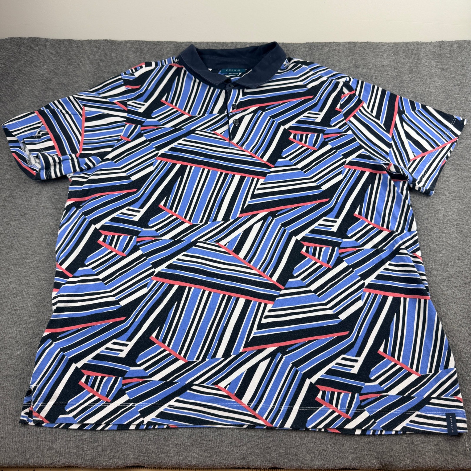 Perry Ellis Polo Shirt Mens 2x Blue Geometric Abstract Print Pima Cotton Ps49323